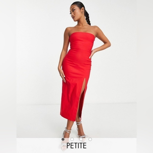 ASOS Vesper Petite bandeau midi dress with thigh split‎ in red